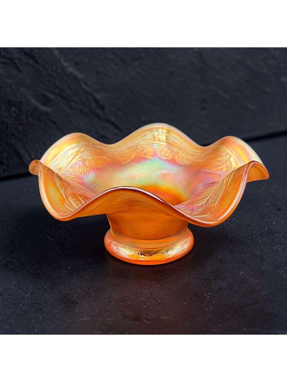 Antique Fenton Blackberry Spray Marigold Carnival Glass Hat Bowl - 6"